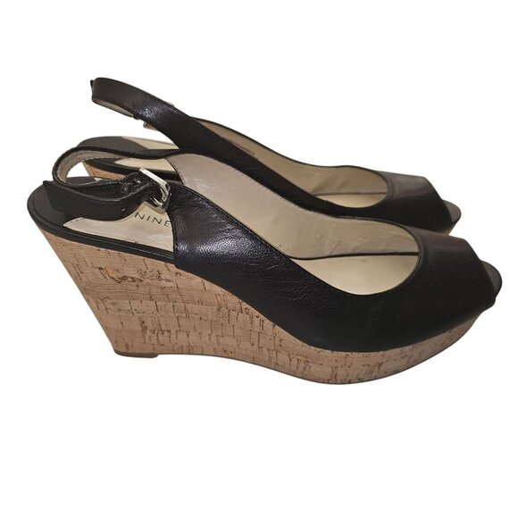 Nine West Chabon Black Leather Cork Wedge Slingback Sandals Size 9.5M - Picture 1 of 10